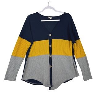 BiBi Womens Waffle Knit Colorblock Button Front Top Navy Mustard Gray Medium